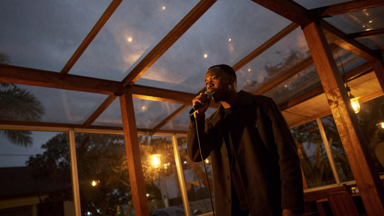 Poet Speaking Under Glass Roof at Night in inside a glass-roofed arcade in Gagnoa