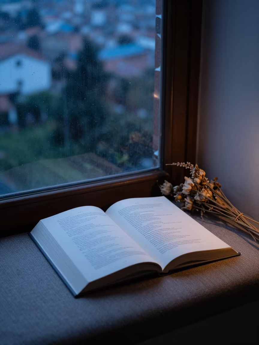 Poetry Book on Bogota Windowseat with Dried Flowers in on a reading nook cushion near Bogota