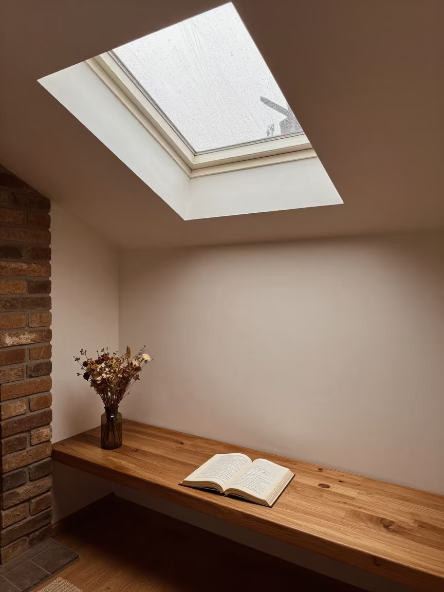 Poetry Book and Dried Flowers on Window Seat in by a crackling fireplace in Bulawayo
