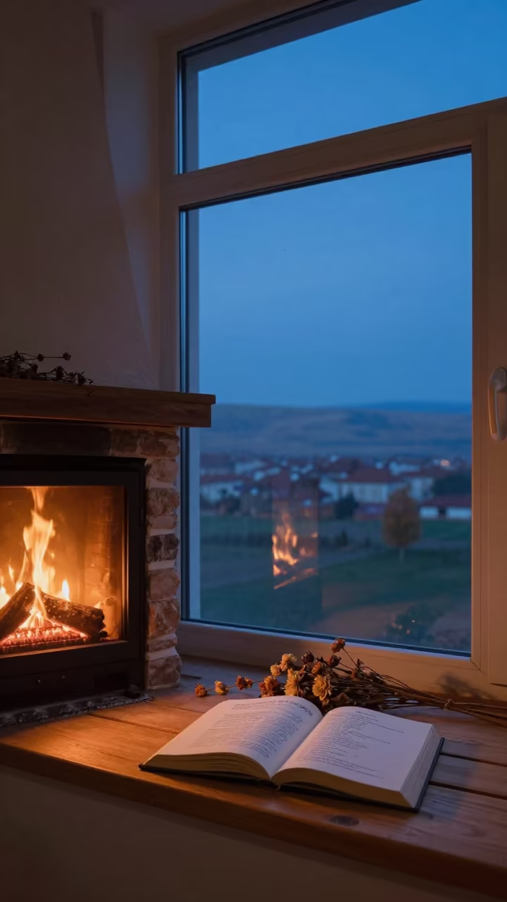 Poetry Book and Dried Flowers on Windowseat in by a crackling fireplace near Kırşehir