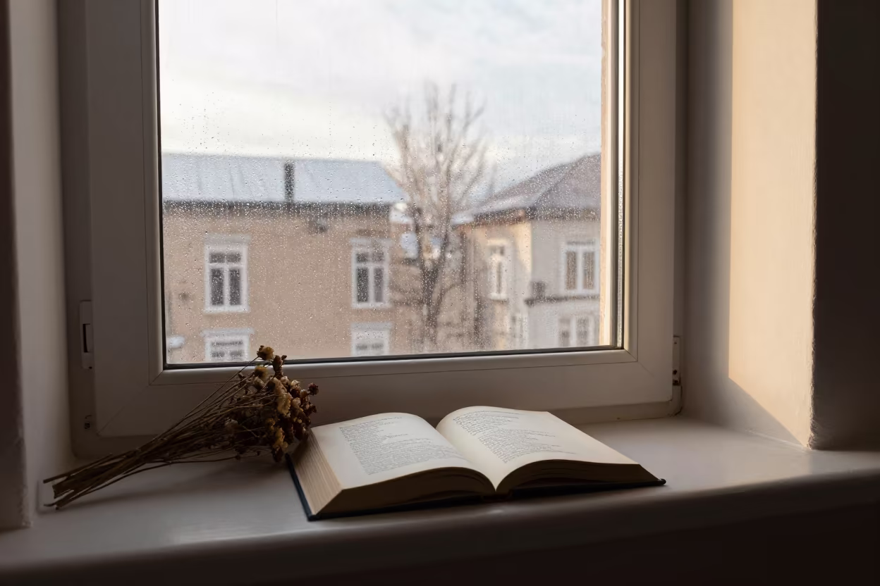 Poetry Book and Dried Flowers on Windowseat in beside a rain-streaked window in Osh