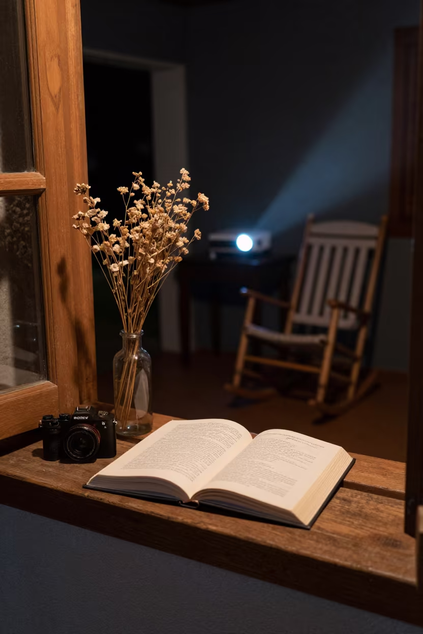 Poetry Book on Porch Windowseat Dried Flowers in on a porch with a rocking chair in Cabinda