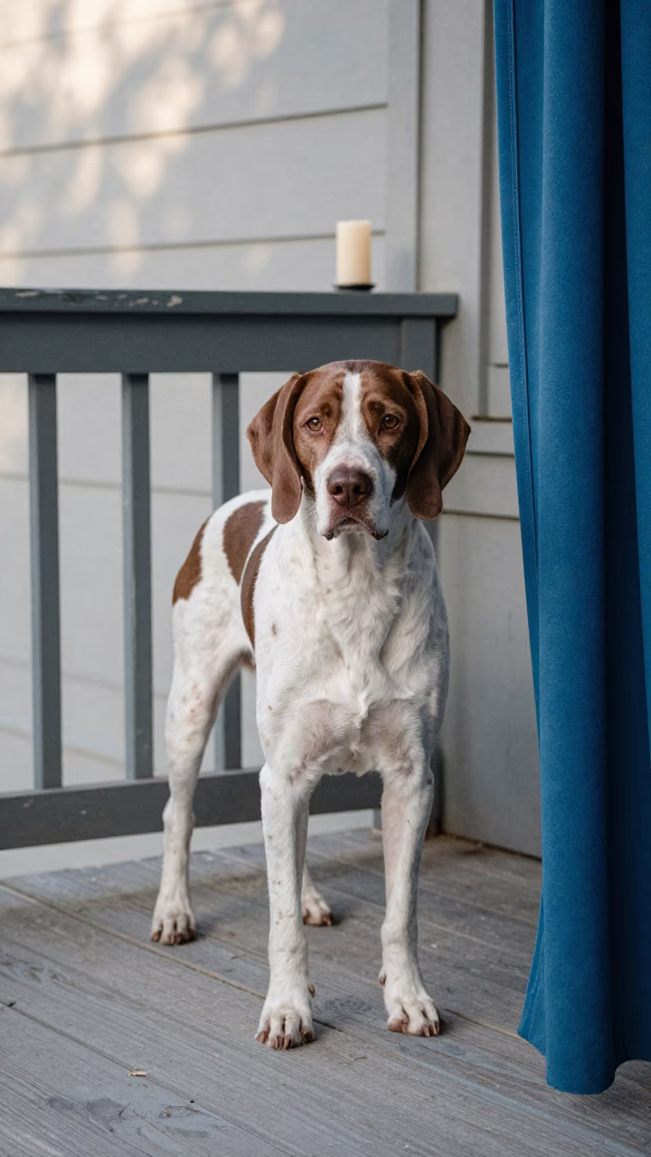Pointer Dog on Shaded Minneapolis Porch with Lived-in Details in on a shaded front porch with boards, railings, and eye-level framing in Minneapolis