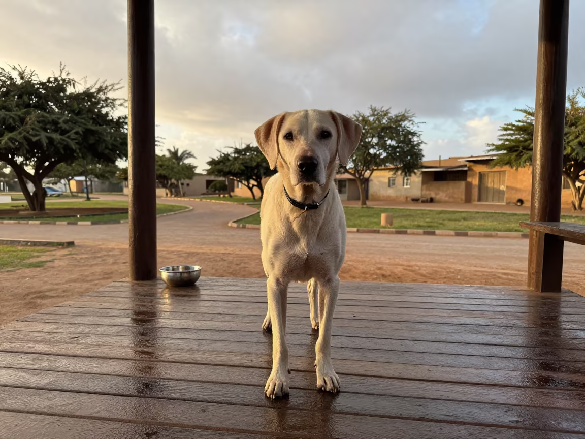 Pointer Dog on Shaded Porch in Nouakchott in along a quiet park path with soft open shade and a clean background near Nouakchott
