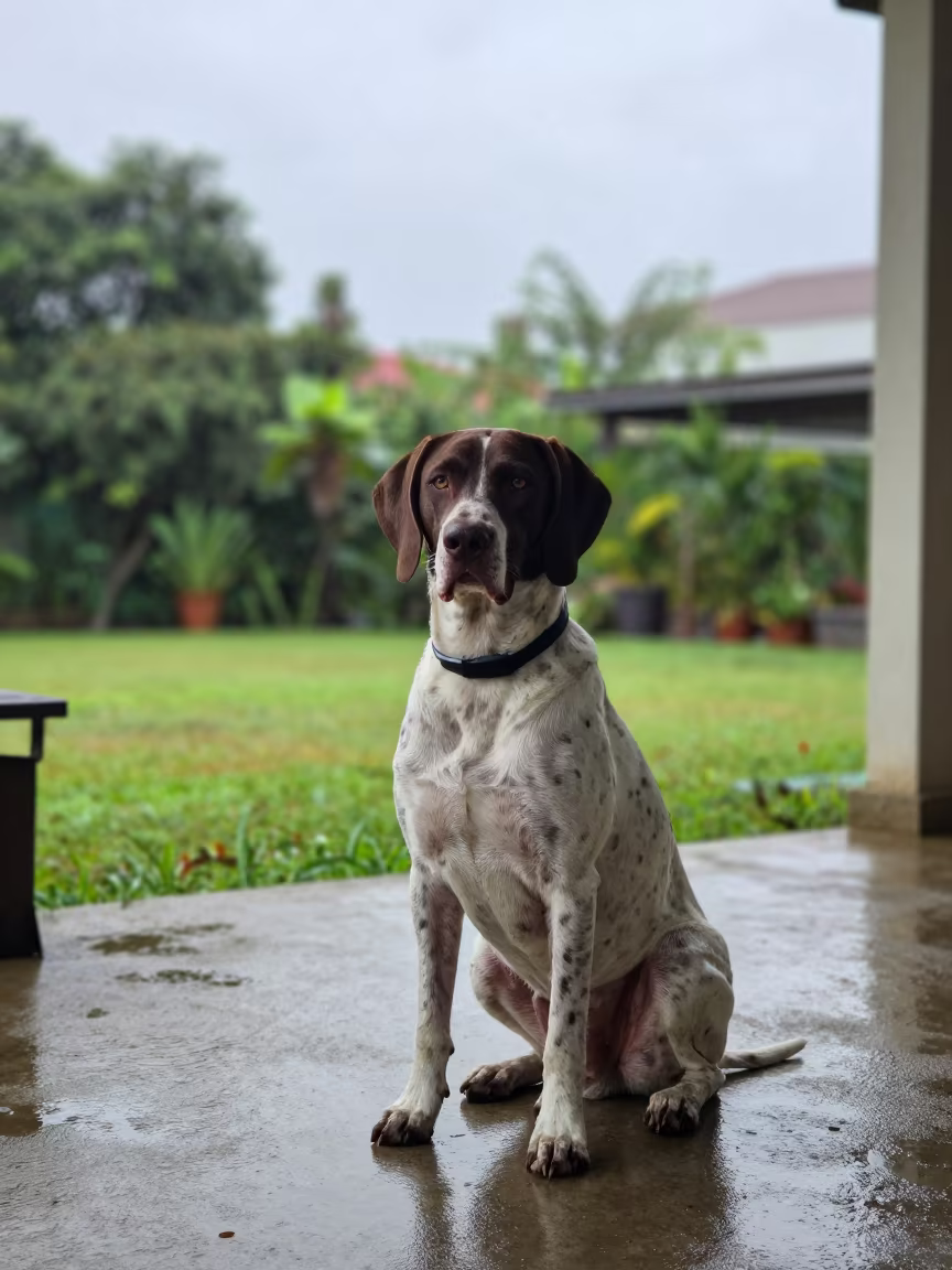 Pointer Dog on Shaded Porch in Quezon City Garden in near a garden edge with soft morning light and an uncluttered background in Quezon City