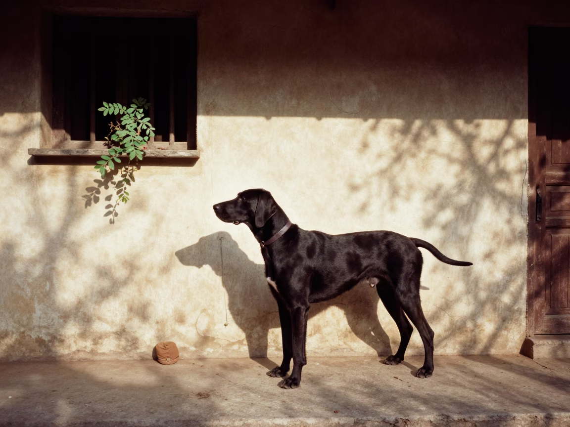 Pointer Dog on Shaded Porch Near Courtyard Wall in beside a plain courtyard wall in clear daylight with the animal at eye level near Bahawalpur