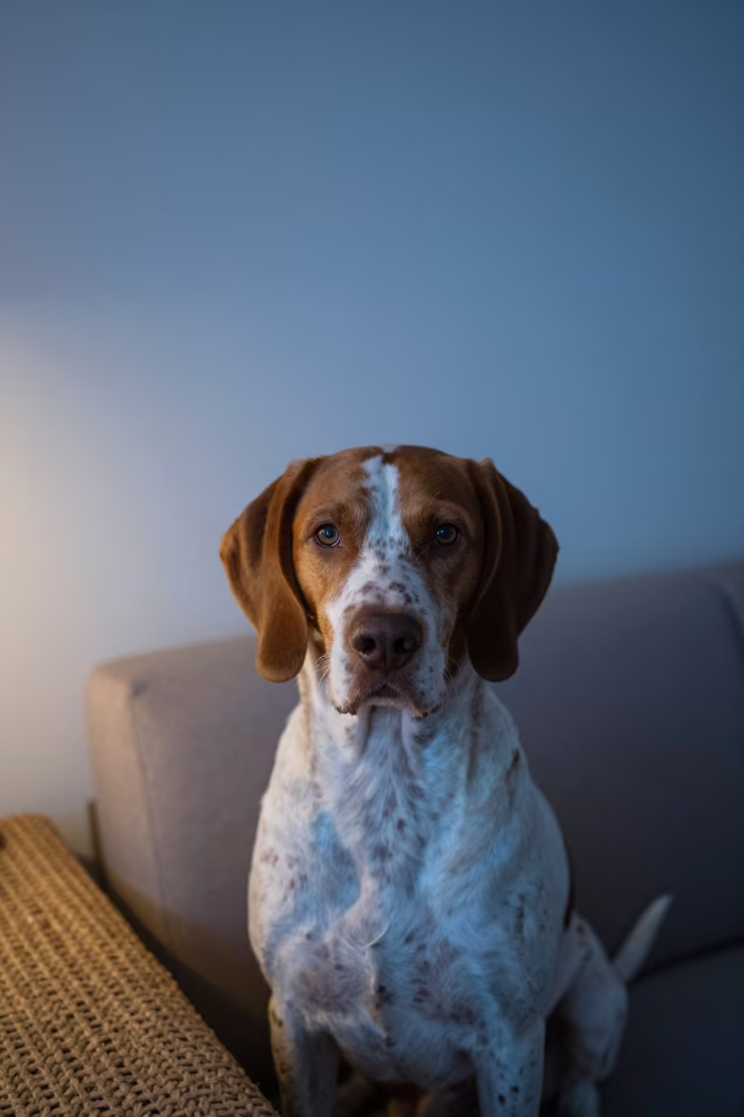 Pointer Dog on Woven Rug in Hefei Twilight in on a woven rug beside a low couch and an uncluttered wall in Hefei