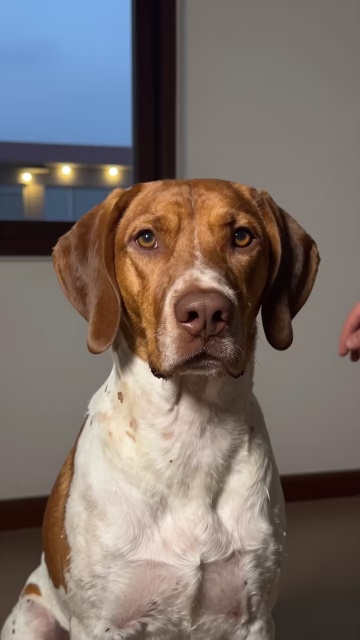 Pointer Dog Portrait in Lobito Studio Light in in a quiet portrait studio with a plain backdrop and eye-level framing near Lobito