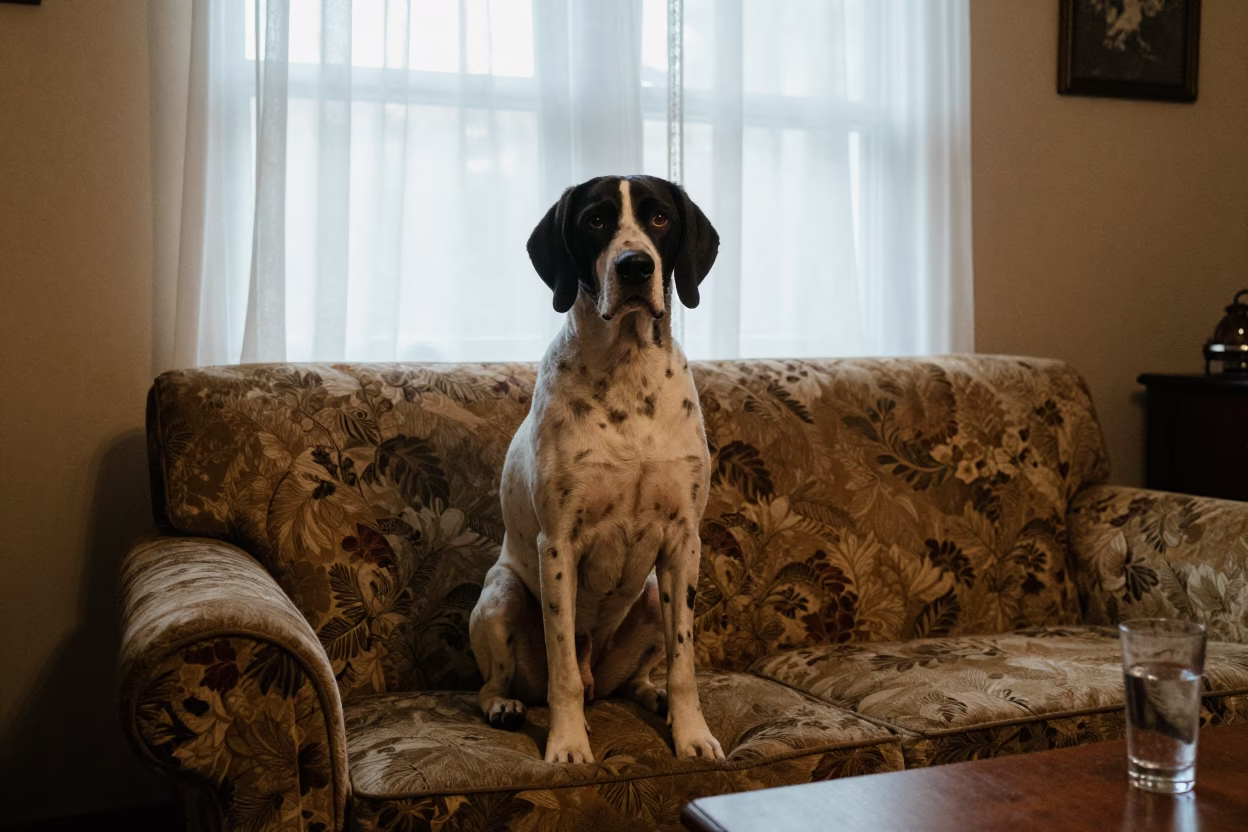 Pointer Dog Portrait on Sofa in Mawlamyine Home in on a sofa near a curtained window with calm indoor light in Mawlamyine