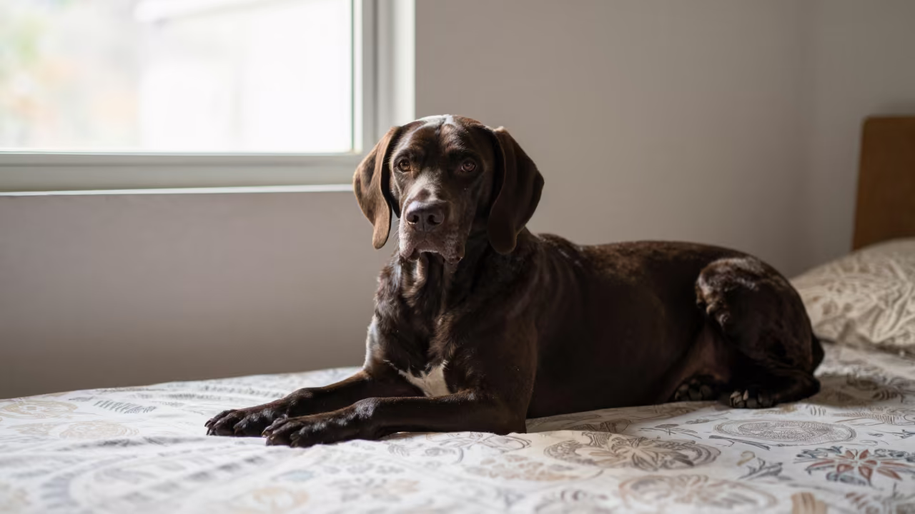 Pointer Dog Resting Near Window in Sa Pa in on a bedspread near a bright window with calm indoor light near Sa Pa