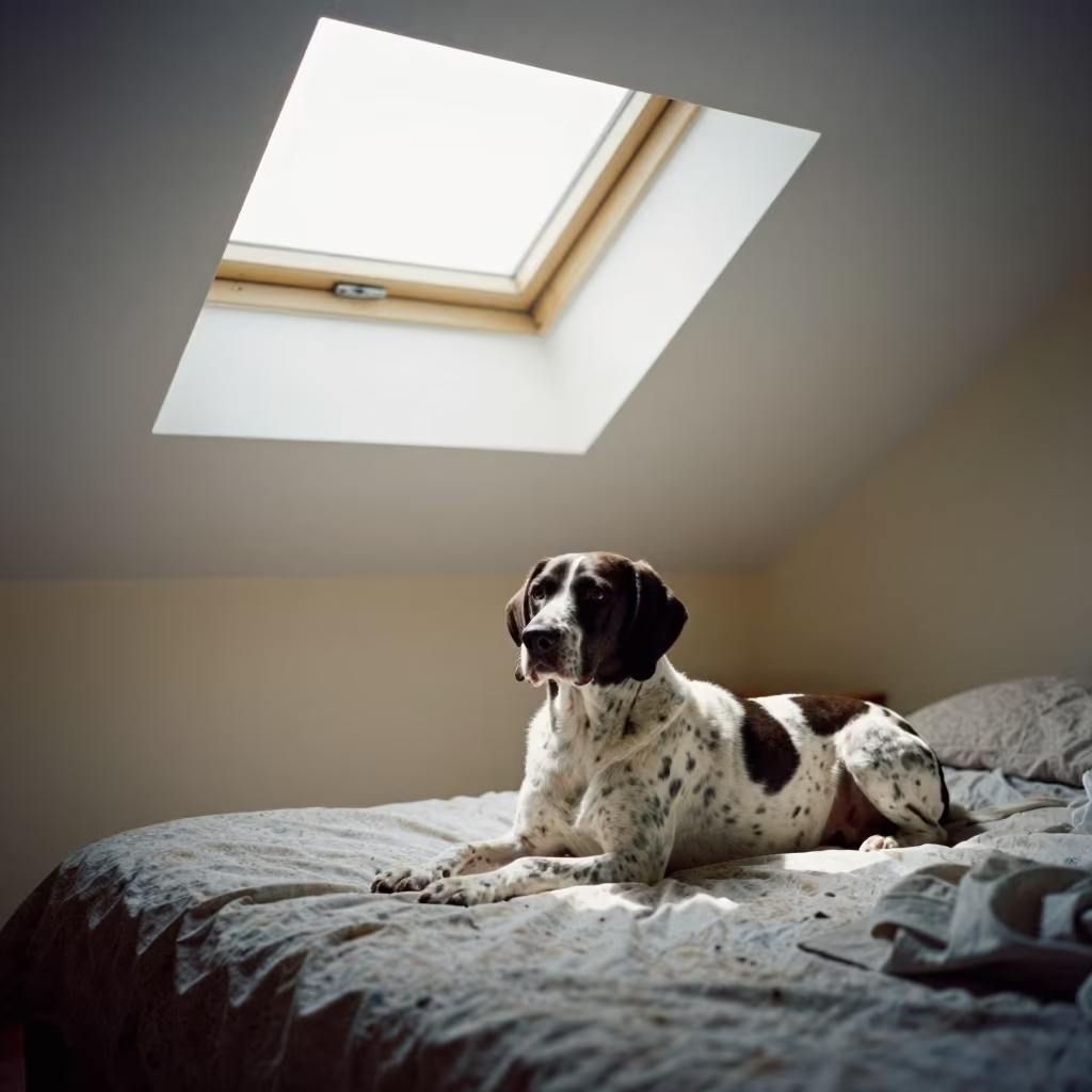 Pointer Dog Resting on Bedspread in Salalah Home in on a bedspread near a bright window with calm indoor light in Salalah