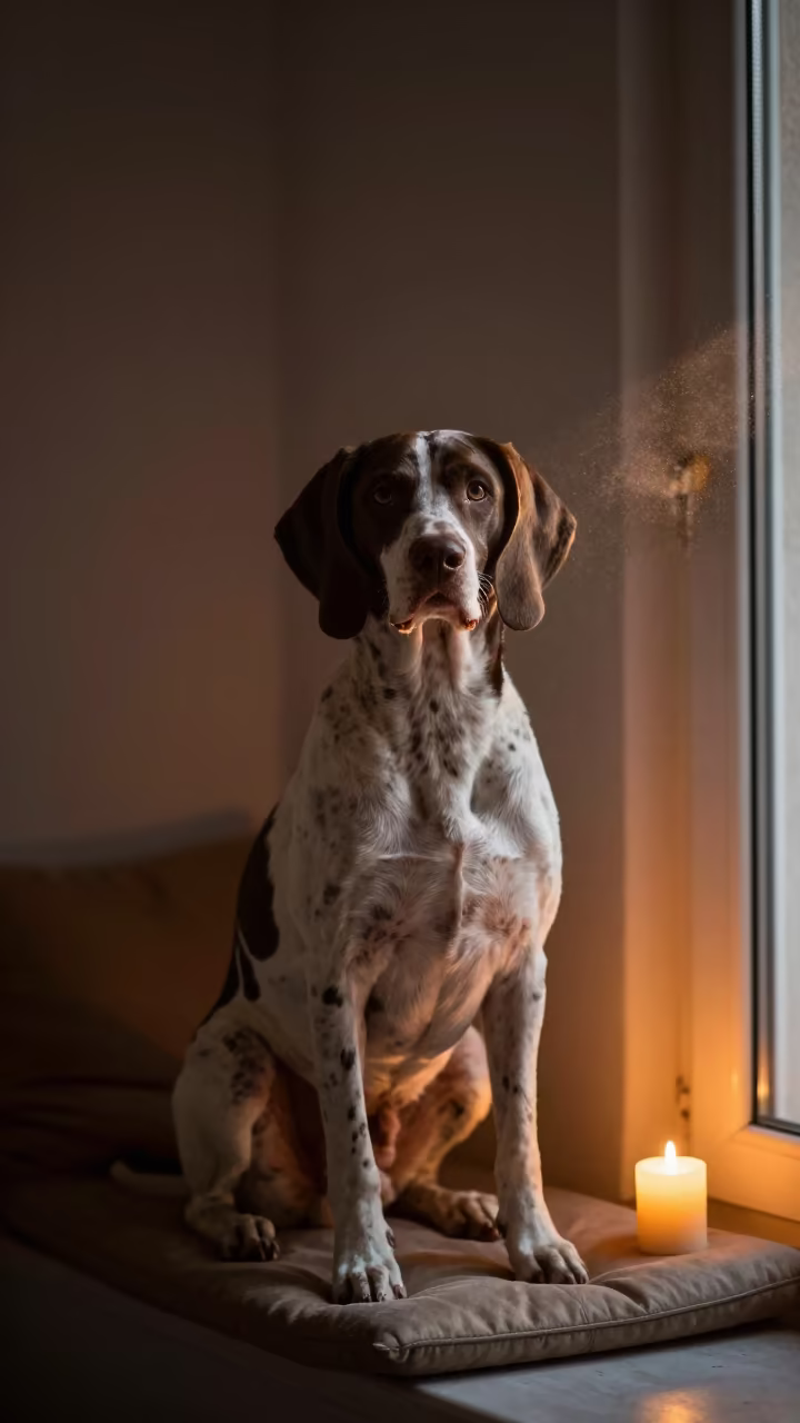 Pointer Portrait on Window Seat with Candlelight in on a cushioned window seat with soft side light and an uncluttered background in Isfahan