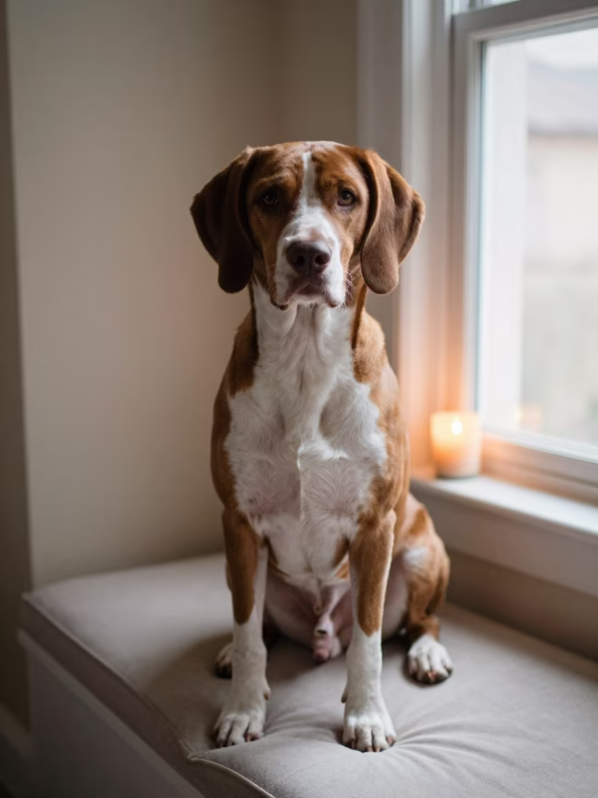 Pointer Portrait on Window Seat with Warm Evening Light in on a cushioned window seat with soft side light and an uncluttered background near Guadalupe