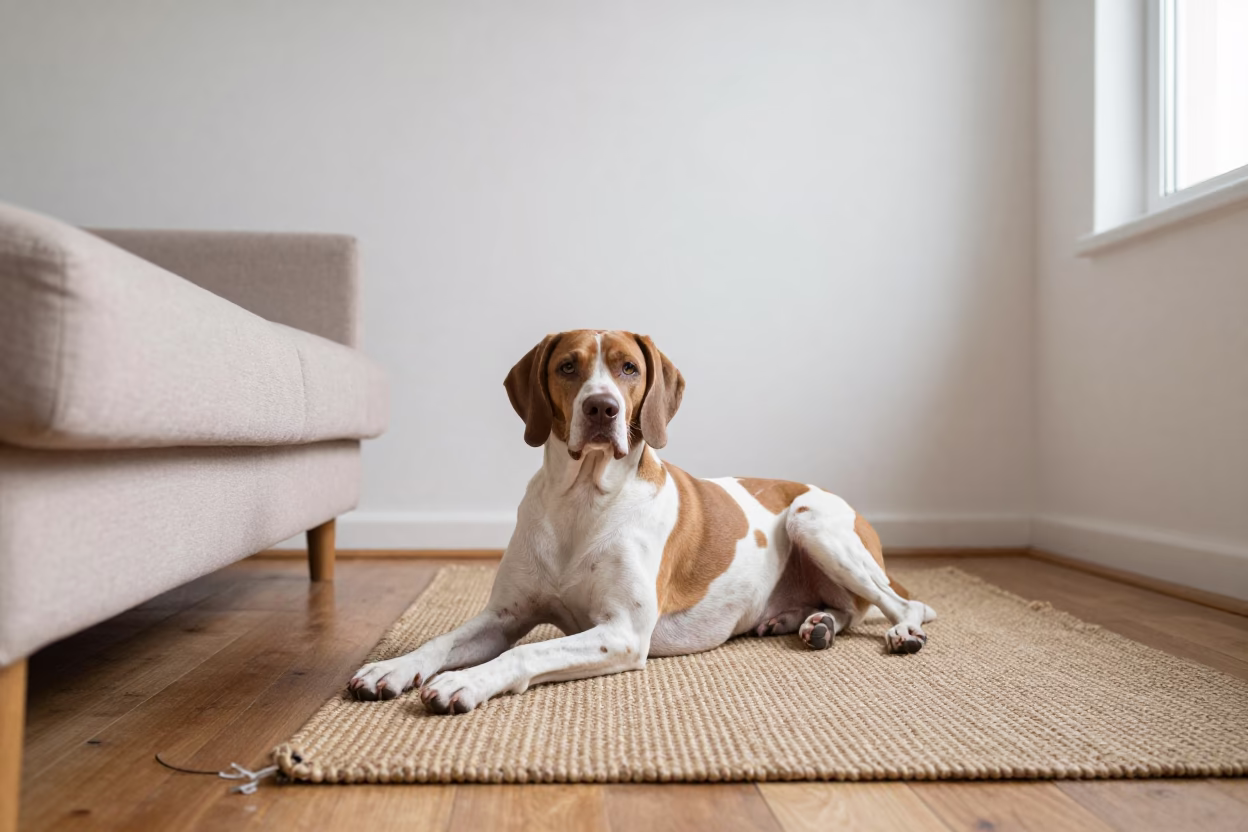 Pointer Resting on Woven Rug in Aba Home in on a woven rug beside a low couch and an uncluttered wall in Aba