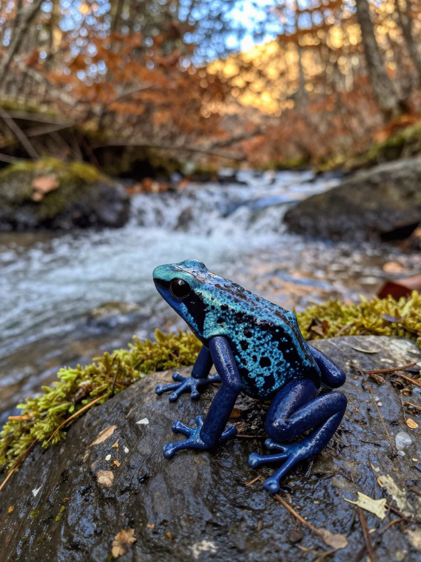 Poison Dart Frog on Rock Near Stream in above a glacial stream near Brisbane