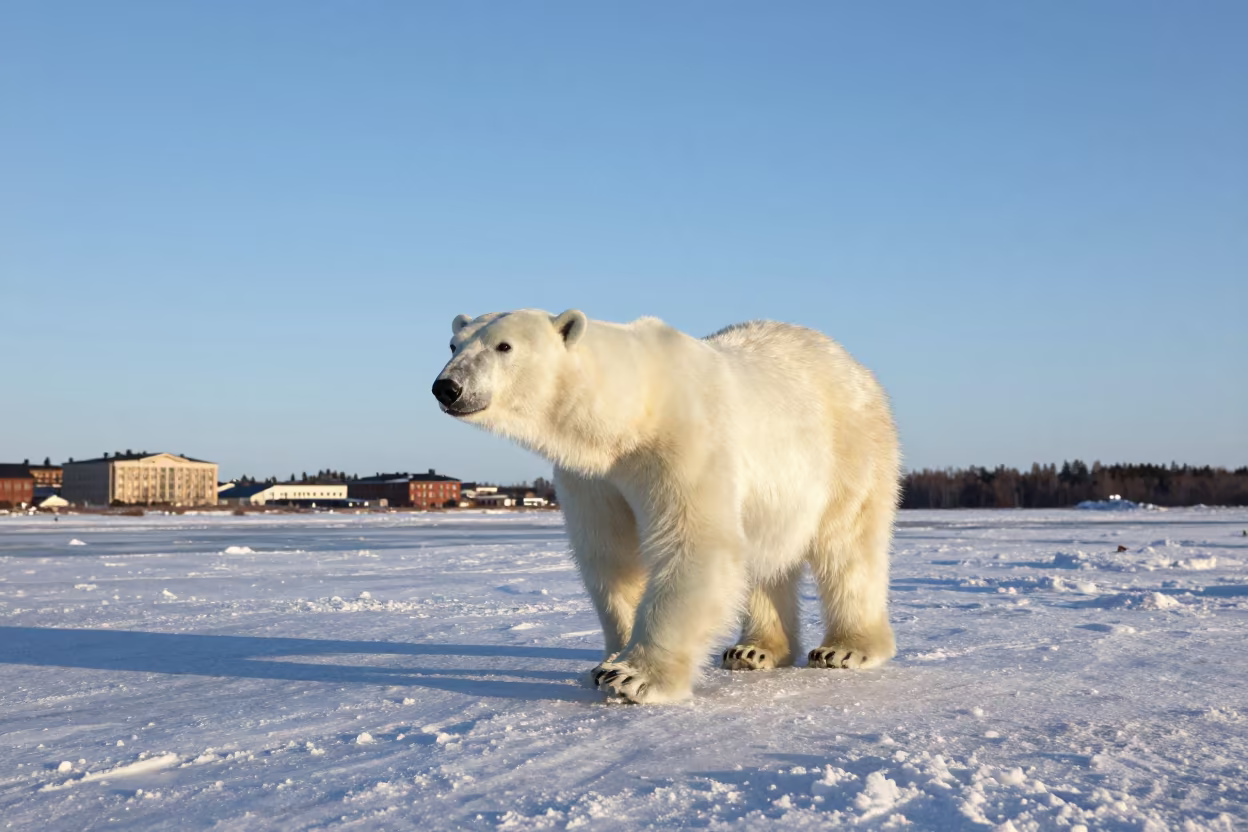 Polar Bear in Arctic Summer Helsinki Marsh in along a game trail near Design District, Helsinki