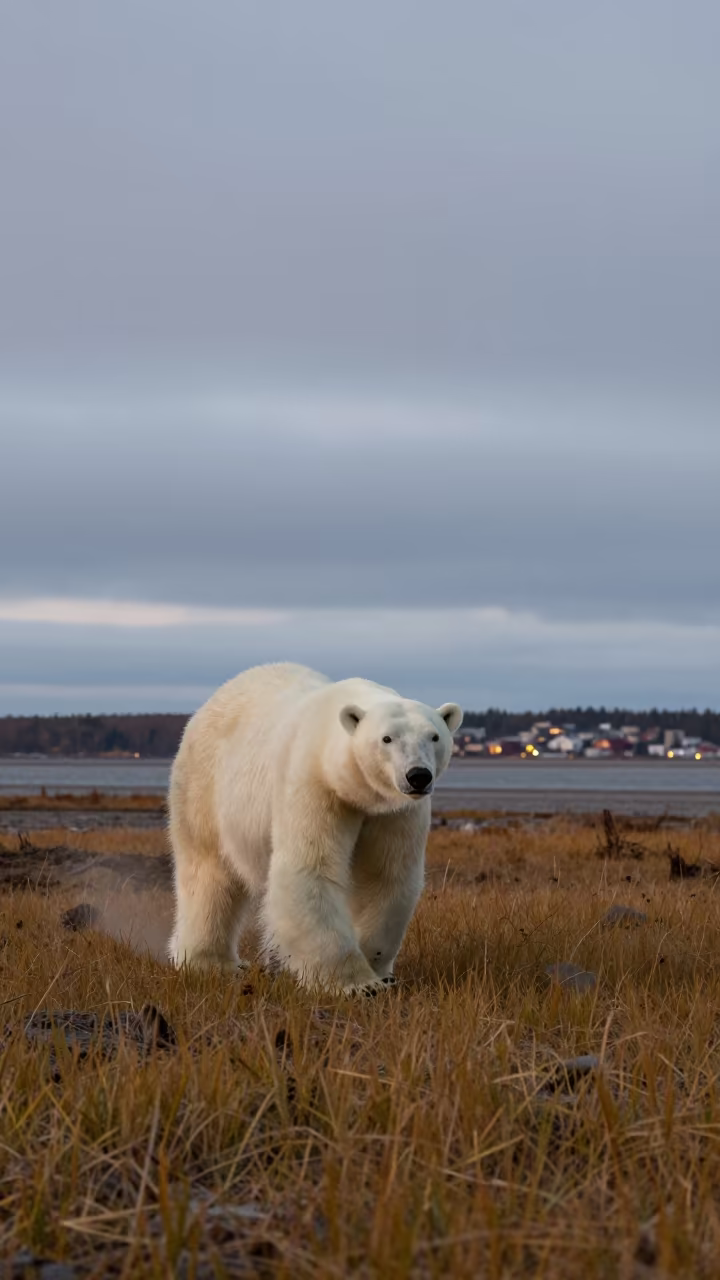 Polar Bear Crosses Gold Grass Dusk Quebec in beside a tidal inlet in Quebec
