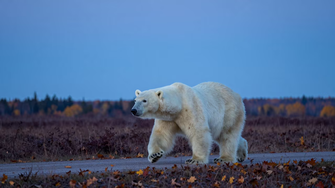 Polar Bear Crossing Fallen Leaves at Twilight in along a game trail in Canada