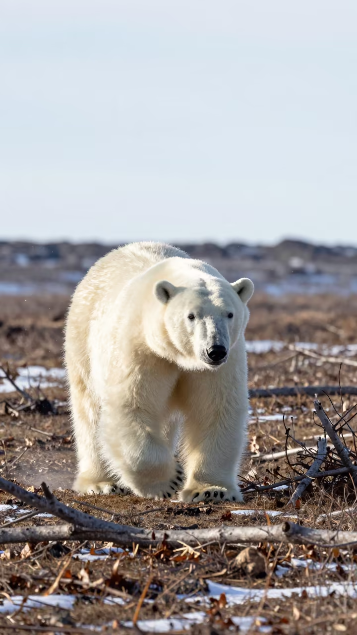 Polar Bear Crossing Leaves in Iceland Spring Thaw in along a game trail in Iceland
