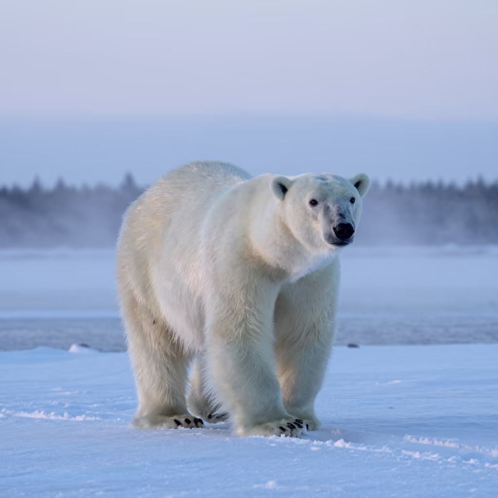 Polar Bear Crossing Snow Crust in Alaskan Twilight in beside a tidal inlet in Alaska