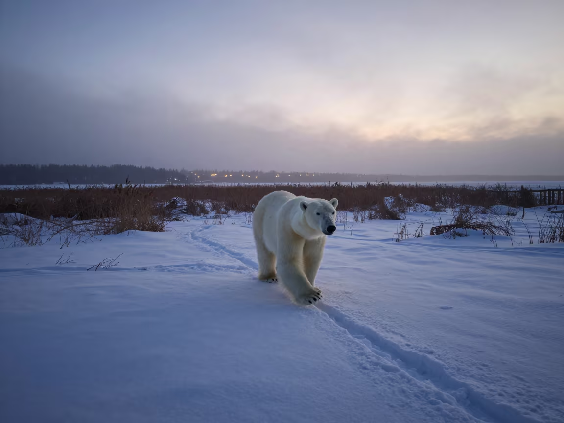 Polar Bear Crossing Snow Crust at Dusk Mist in at the edge of a reed bed in Canada