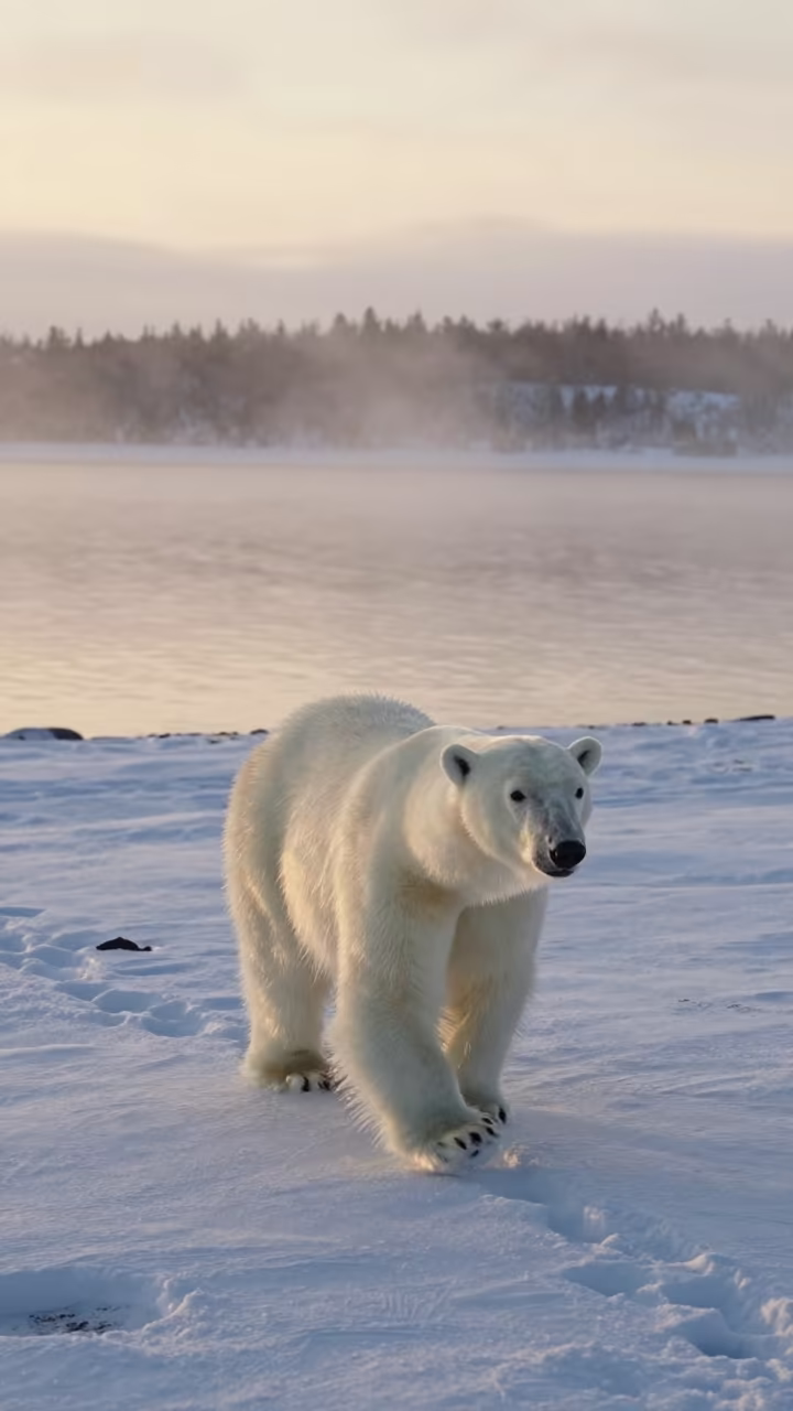 Polar Bear Crossing Snow at Dusk in Lapland in beside a tidal inlet in Lapland