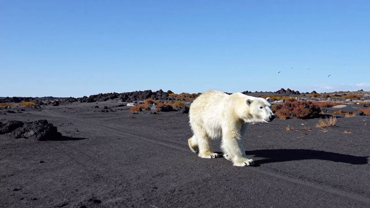 Polar Bear Crossing Volcanic Sand Trail in along a game trail near Zermatt