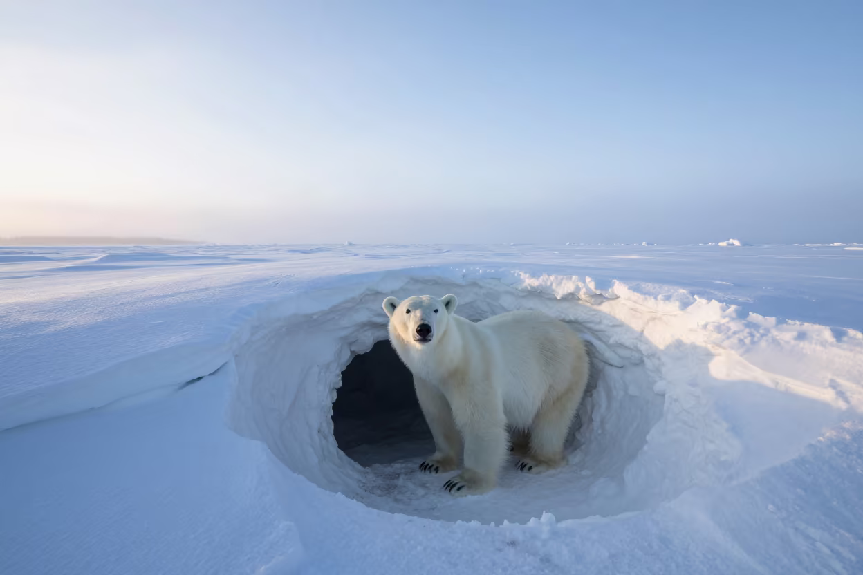 Polar Bear Den Entrance Misty Dawn Snowbank in beside a tidal inlet in Canada
