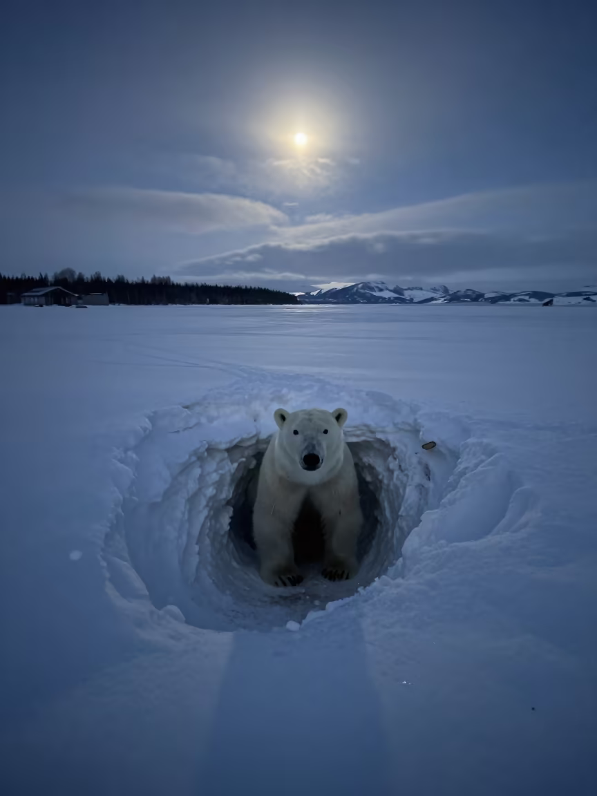 Polar Bear Den Entrance Snowbank Moonlight in beside a tidal inlet near Fairbanks