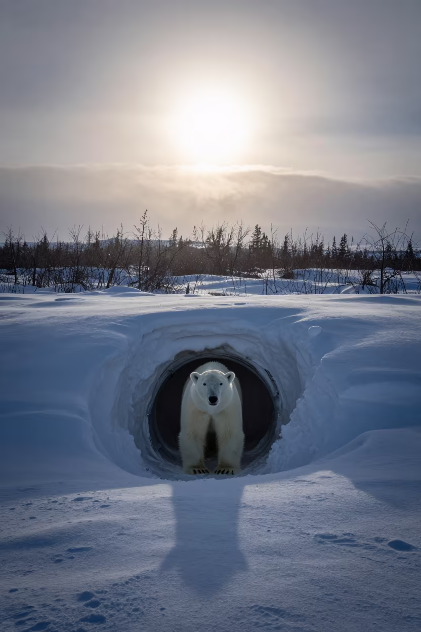 Polar Bear Den Night Alaska Mist in at the edge of a reed bed in Alaska