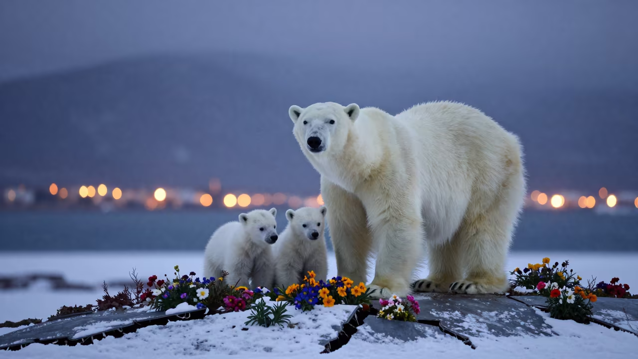 Polar Bear Family Amid Concrete Blooms in on a wind-scoured ridge in Iceland