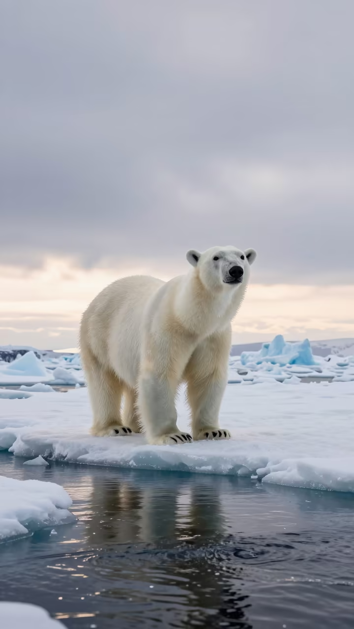 Polar Bear on Glacial Stream Ice Dawn in above a glacial stream near Sapporo