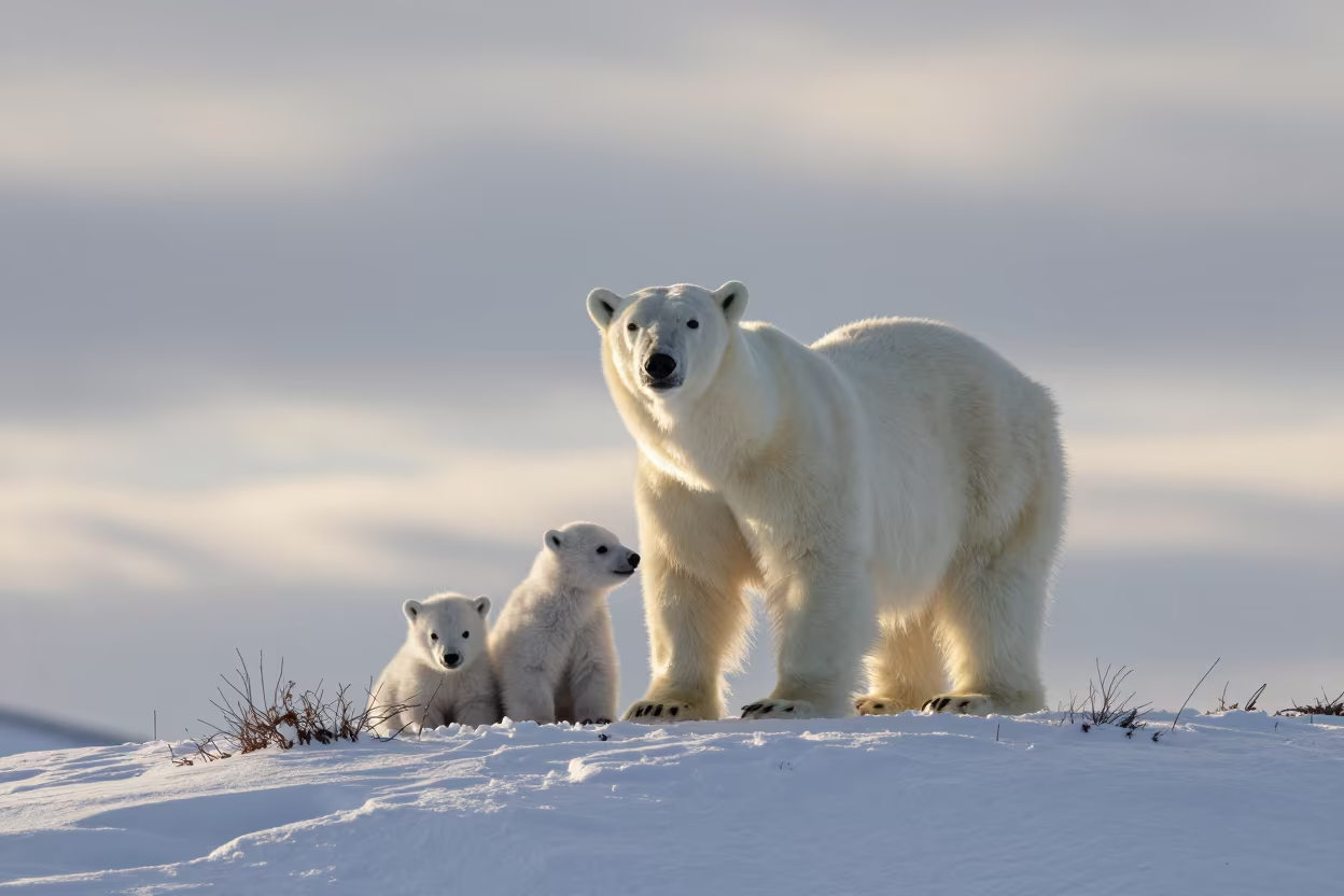 Polar Bear Mother and Cubs in Arctic Dappled Light in in Russia