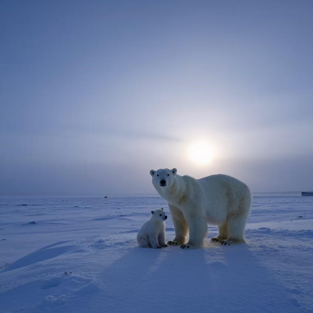 Polar Bear Mother and Cubs on Russian Snow Ridge in on a wind-scoured ridge in Russia