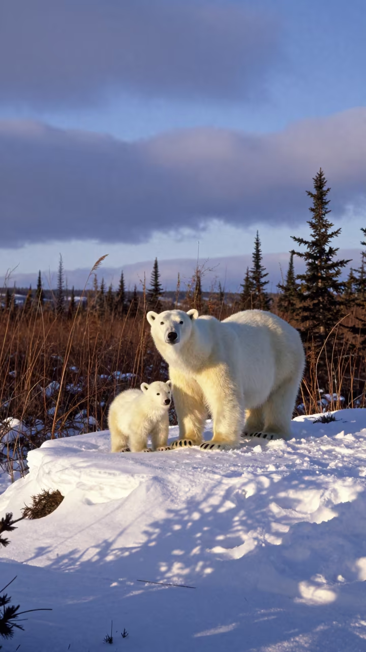 Polar Bear Mother Cubs Snow Ridge Late Afternoon in at the edge of a reed bed in Northwest Territories