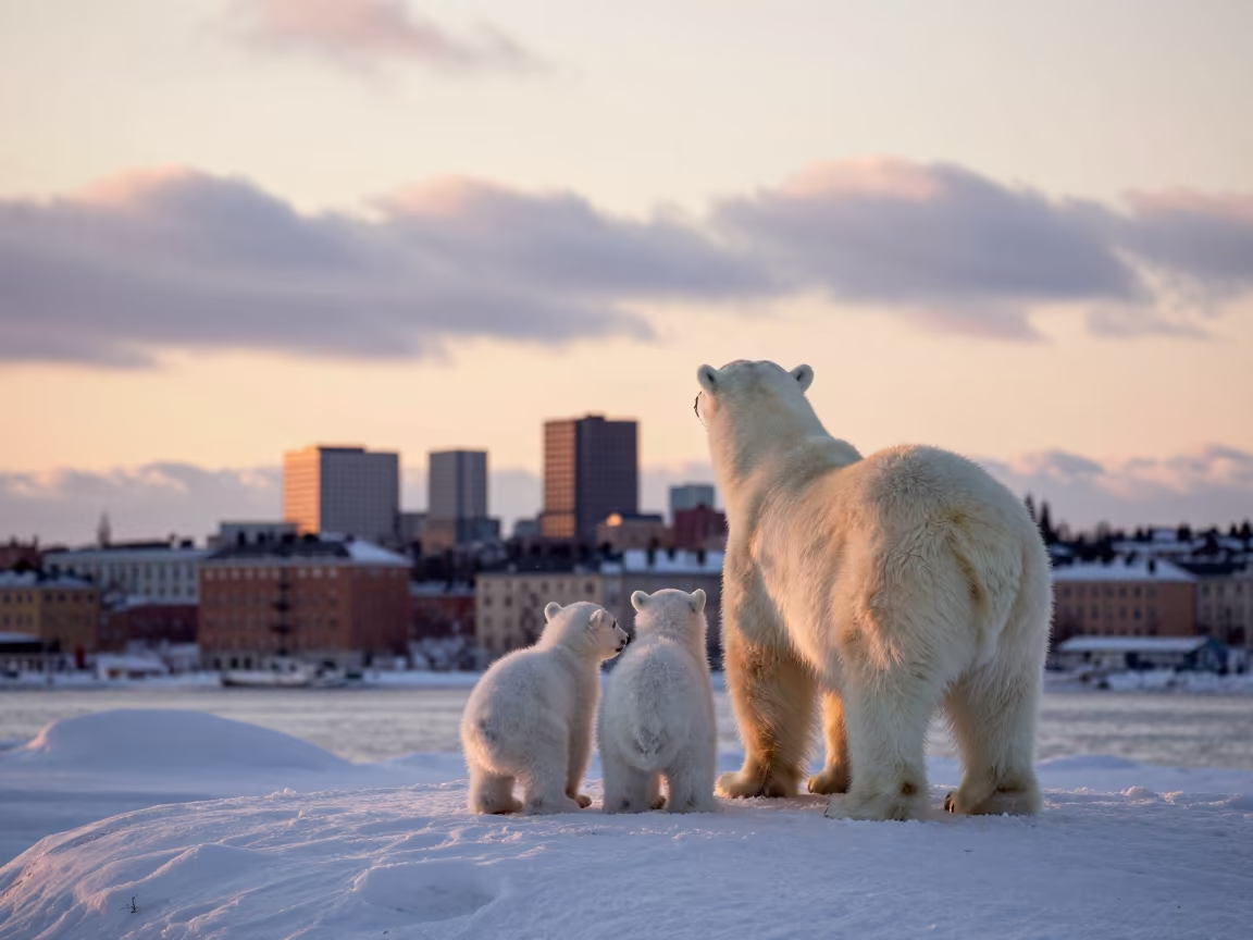 Polar Bear Mother and Cubs on Snow Ridge in near SOFO, Stockholm