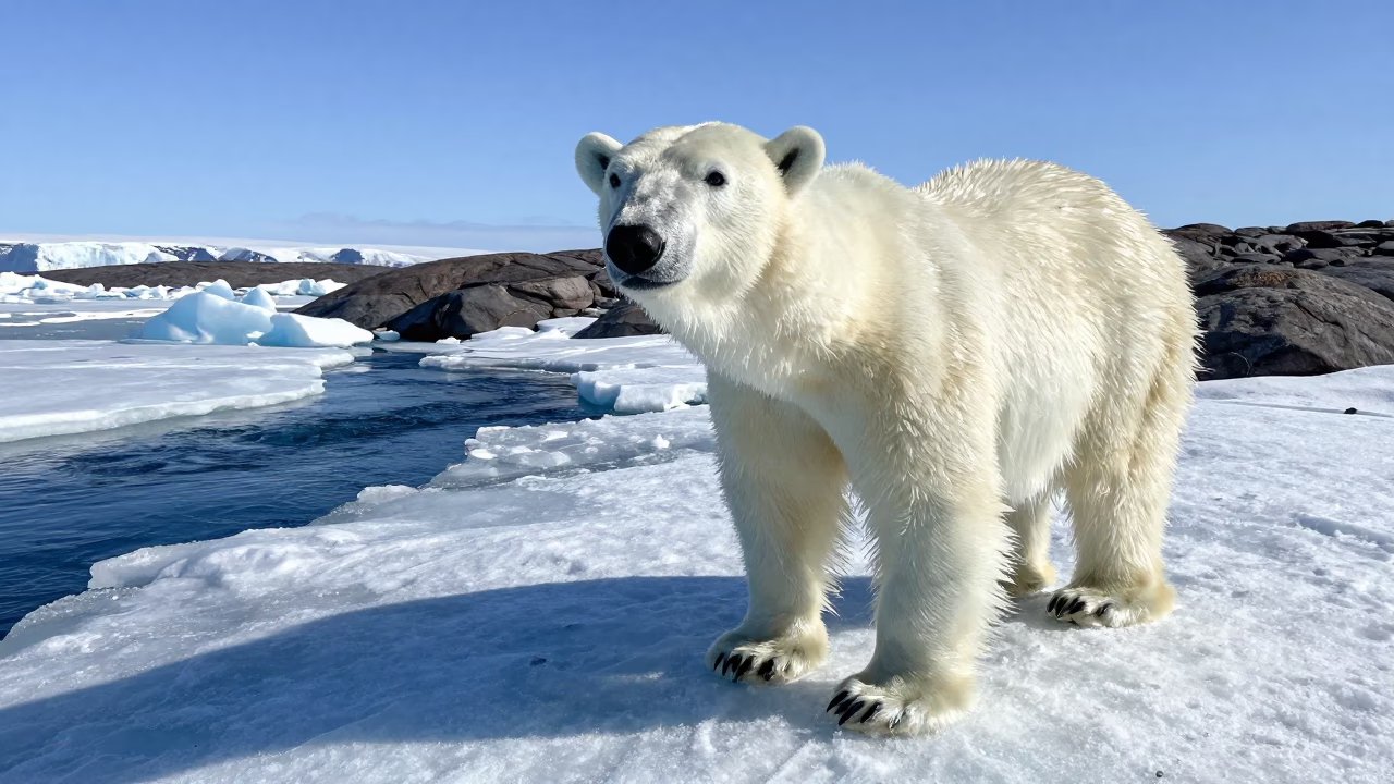 Polar Bear on Sea Ice Near Glacial Stream in above a glacial stream in Finland