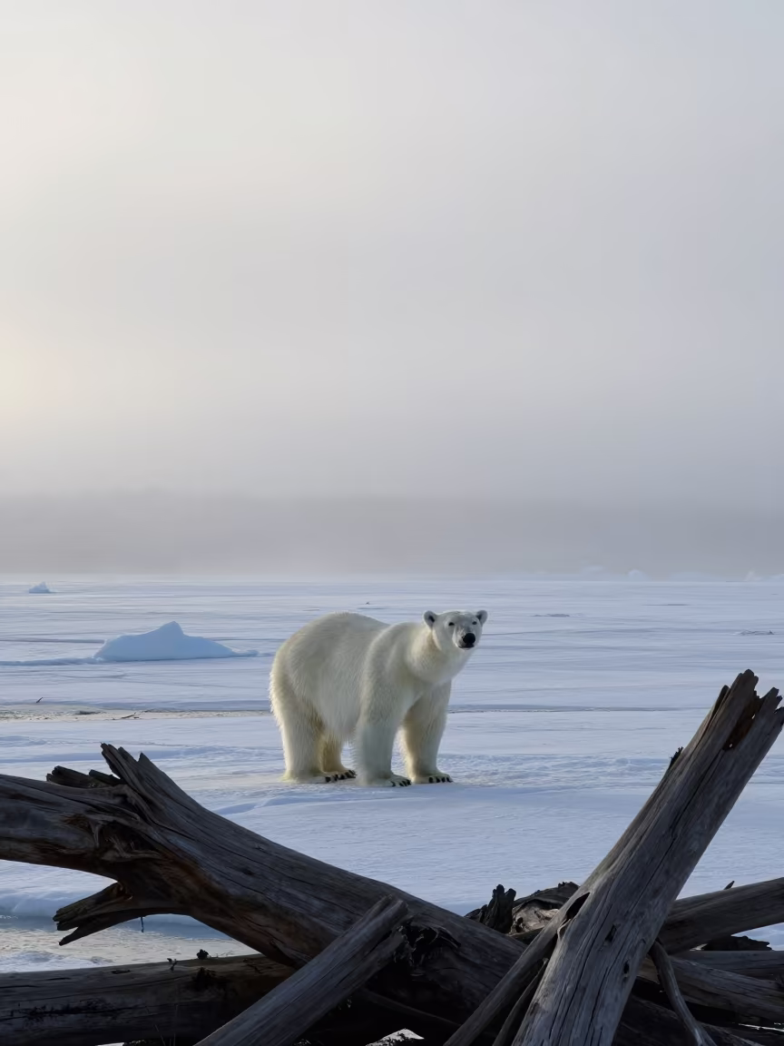 Polar Bear on Sea Ice Misty Helsinki Sunrise in near Punavuori, Helsinki