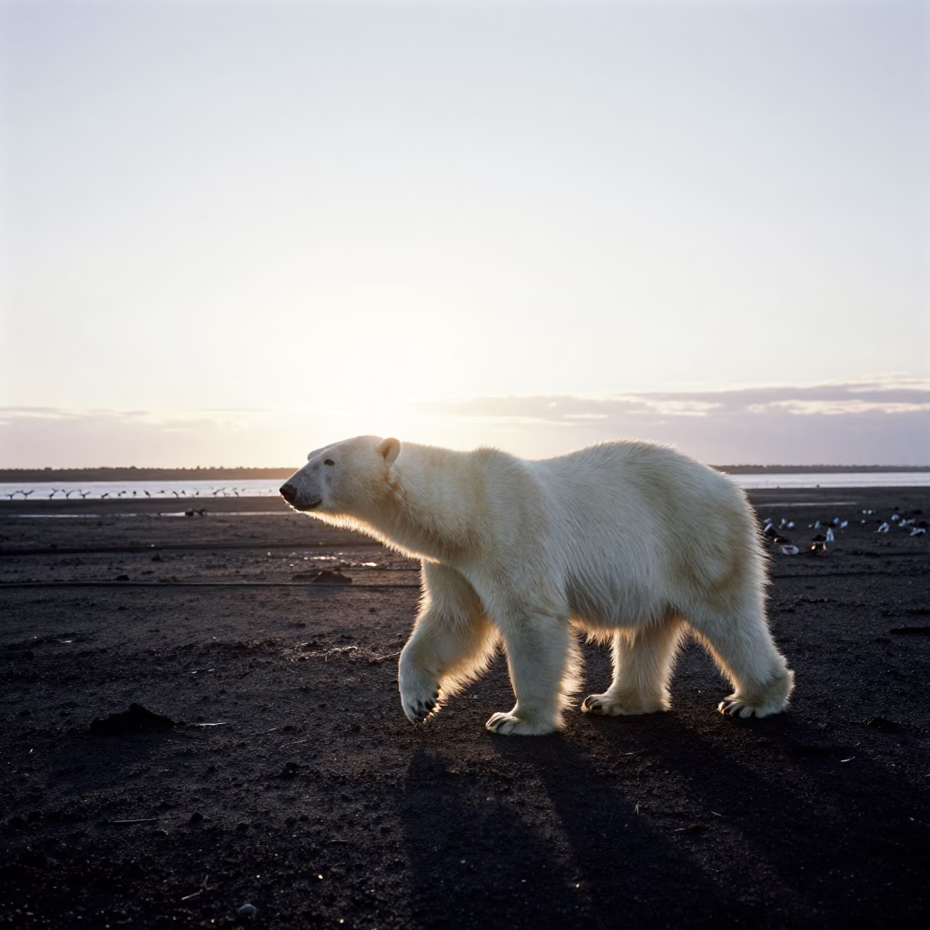 Polar Bear Silhouette on Volcanic Sand at Dusk in beside a tidal inlet near Thimphu
