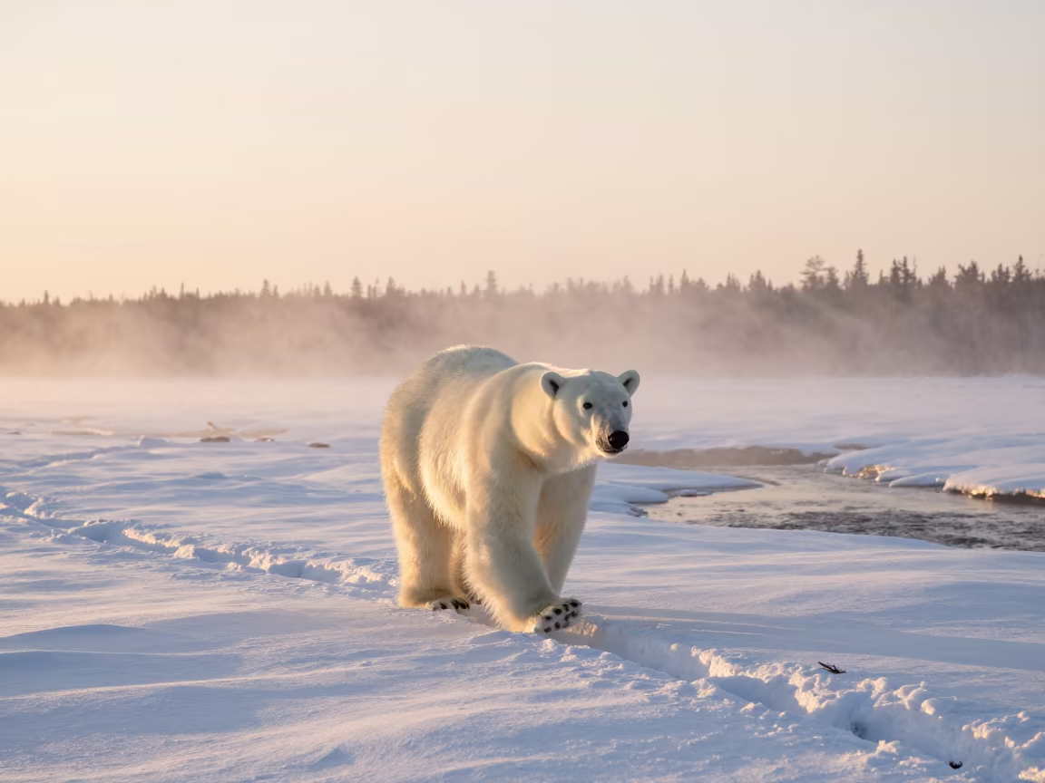 Polar Bear Walking on Snow Crust in Copper Light in above a glacial stream in Ontario