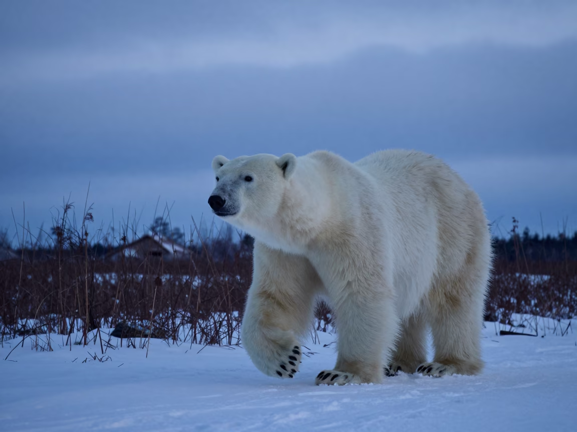 Polar Bear on Snow Near Helsinki Reed Bed in at the edge of a reed bed near Helsinki