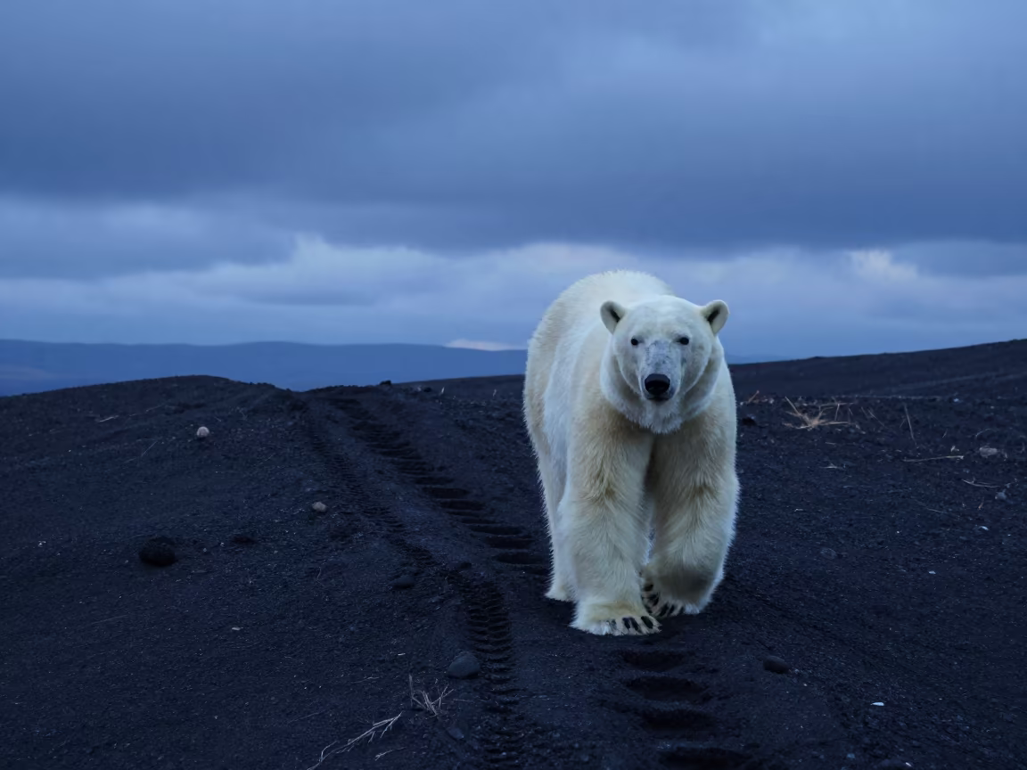 Polar Bear on Tbilisi Volcanic Sand at Twilight in along a game trail near Tbilisi