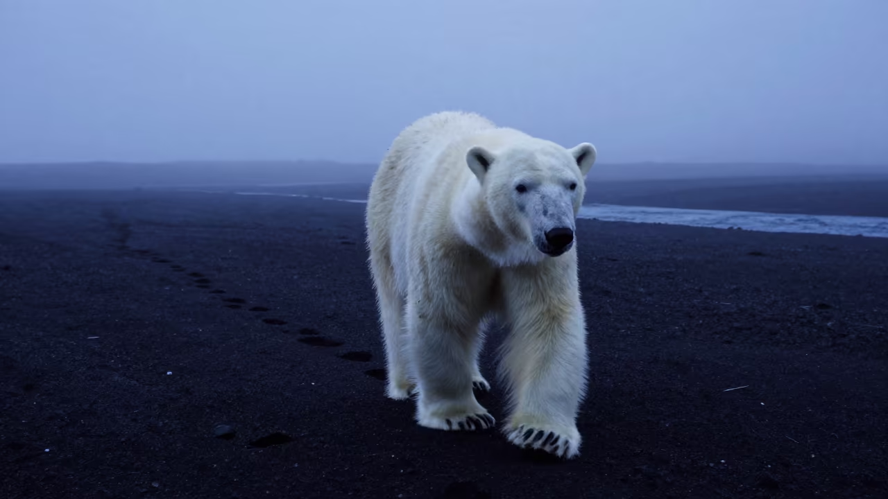 Polar Bear Tracks on Volcanic Sand at Dusk in above a glacial stream in Bolivia