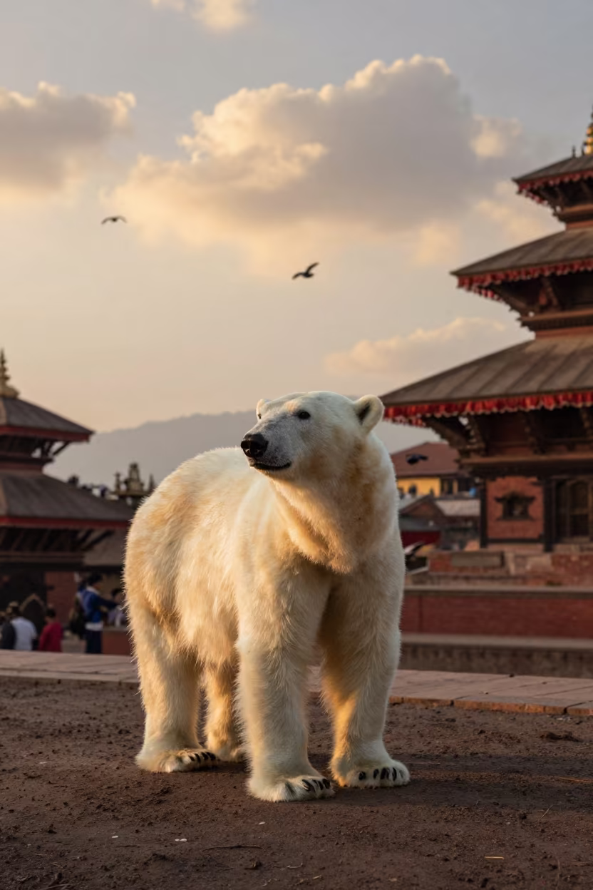 Polar Bear on Volcanic Sand at Kathmandu Sunset in near Durbar Square, Kathmandu