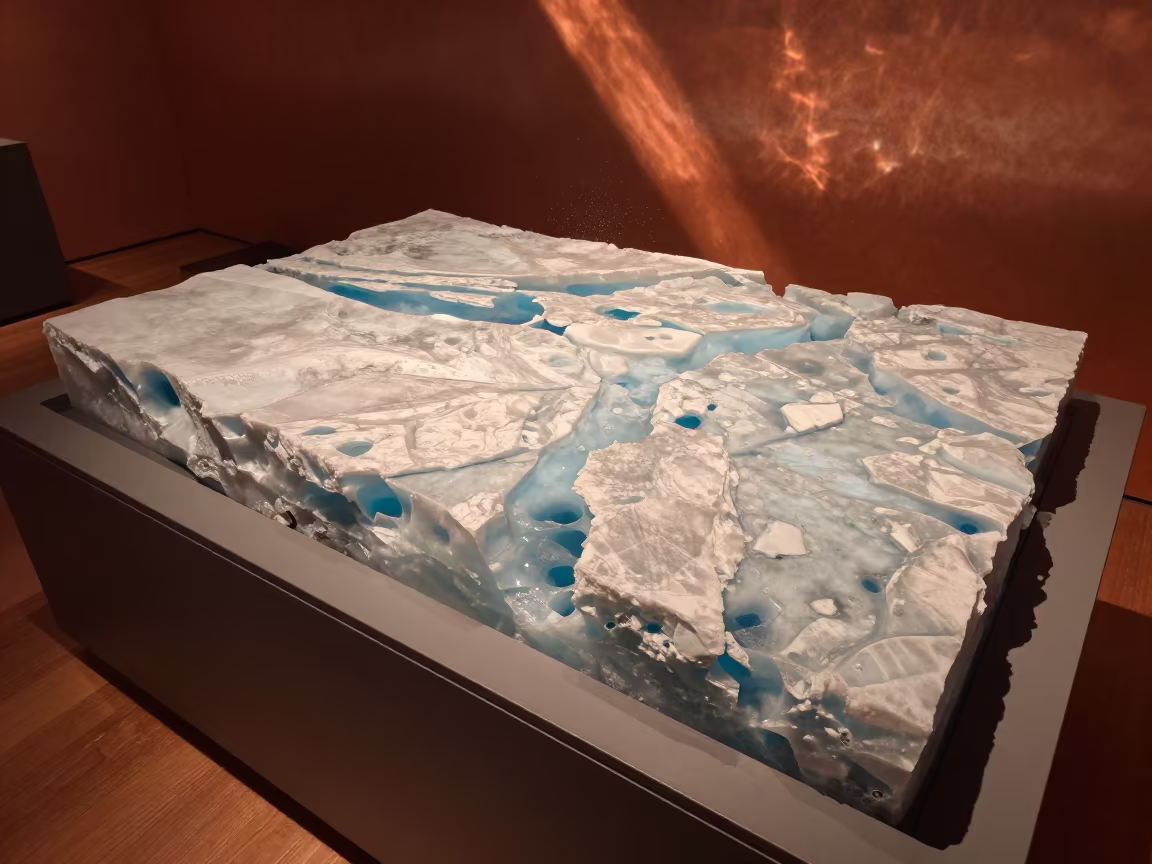 Polar Ice Shelf Edge Display in Amber Museum Light in on a museum plinth near Kruununhaka, Helsinki