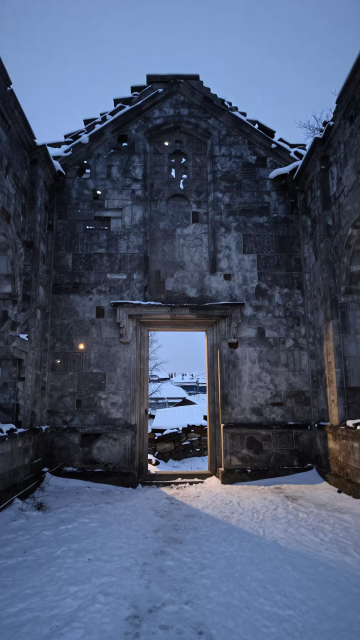 Polar Night Light in Oslo Stone Chapel Ruin in inside a stone chapel in Oslo