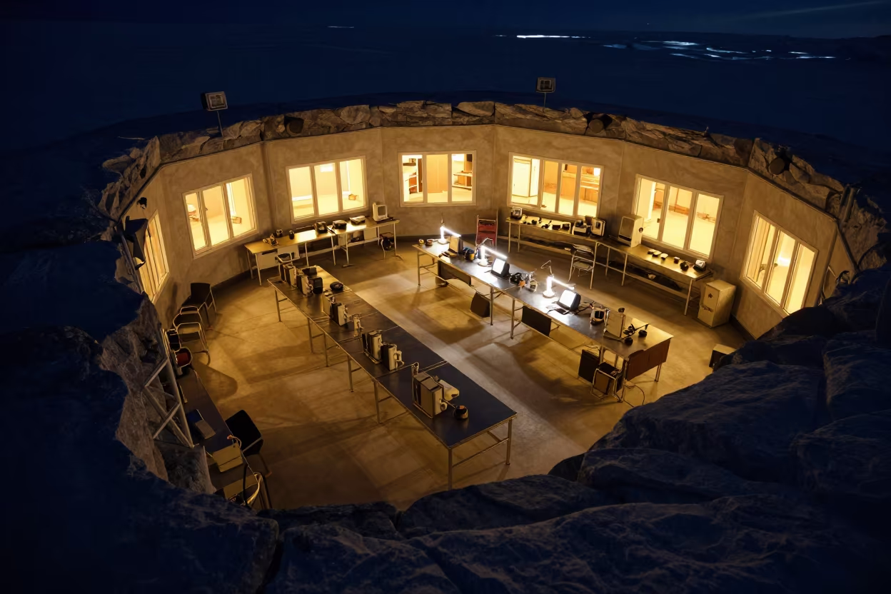 Polar Research Base Glowing in Arctic Darkness in on a stone ledge near Whitehorse