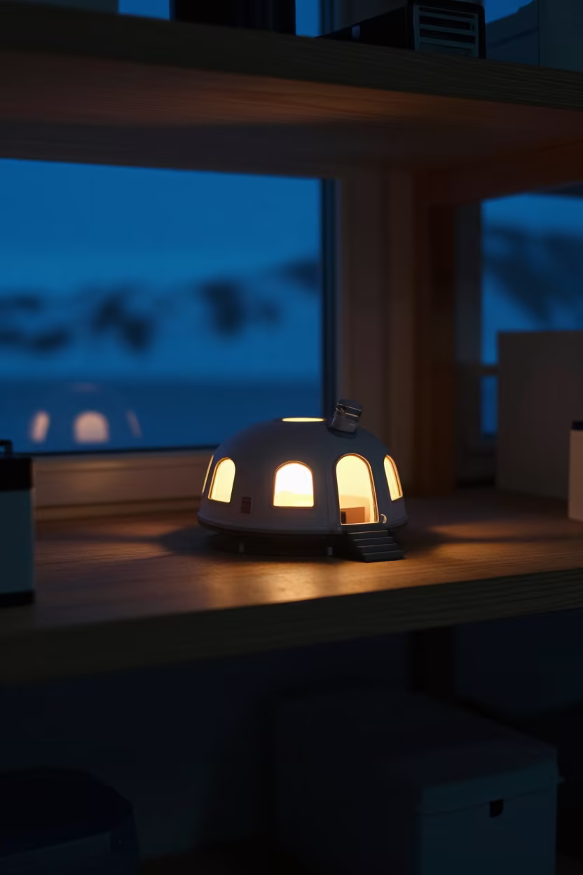 Polar Research Base Model on Shelf at Twilight in on a workshop shelf near Anchorage