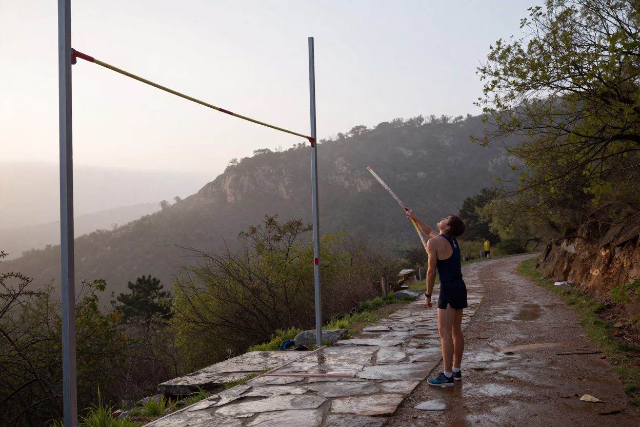 Pole Vaulter Bending Pole on Austin Mountain Path in on a mountain path near Austin