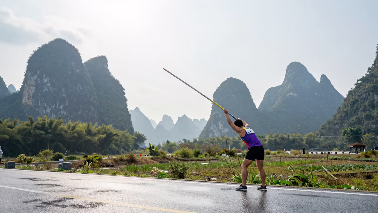 Pole Vaulter Bending Pole Noon Rain Guilin in at a roadside stop near Guilin